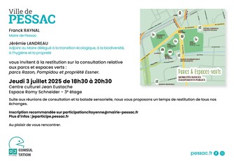 Invitation à la réunion de restitution des Parcs verts urbain du centre-ville de Pessac