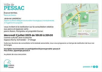 Invitation à la réunion de restitution des Parcs verts urbain du centre-ville de Pessac